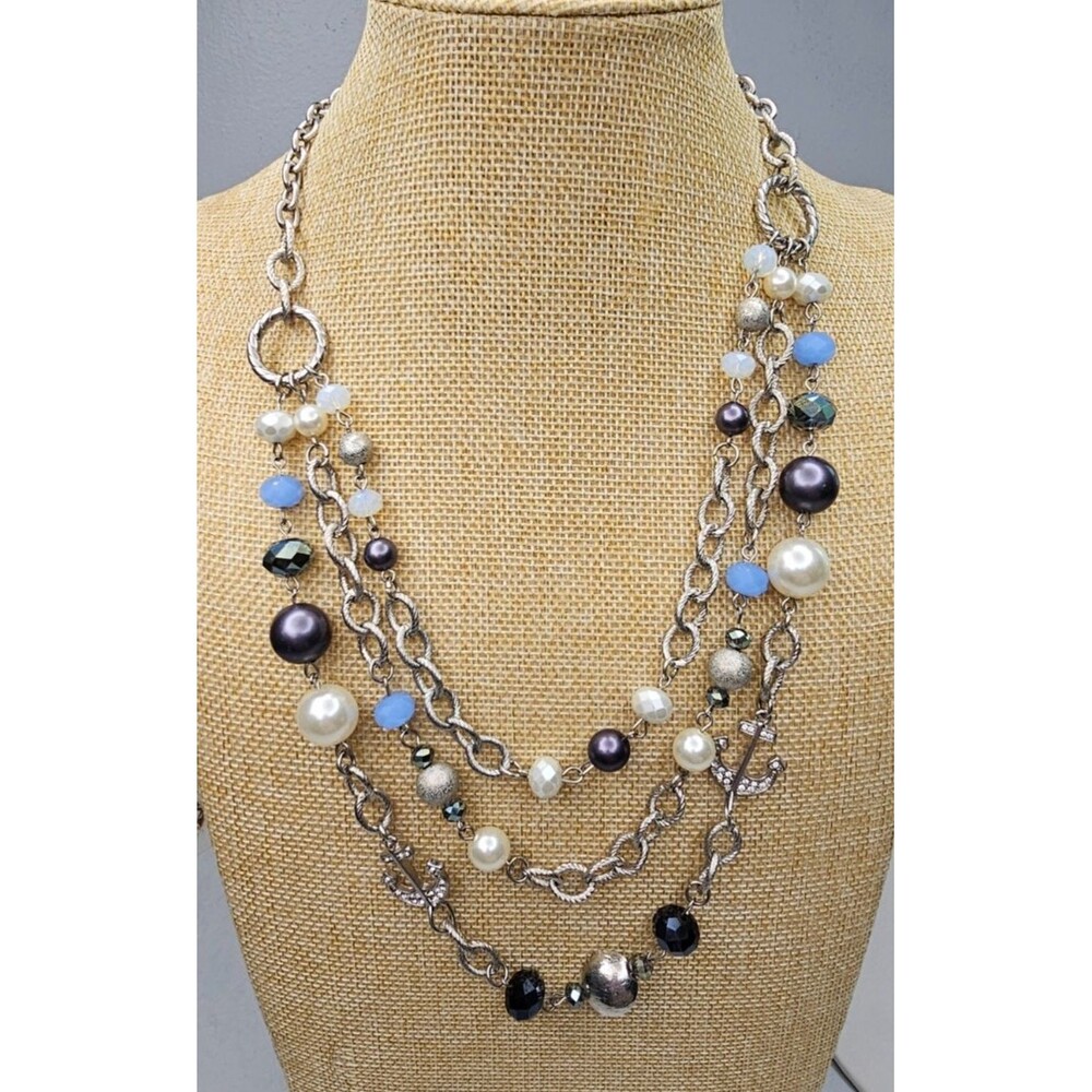 RMN Triple Strand Nautical Faux Pearl Beaded Chain Necklace 20"L + Extender
